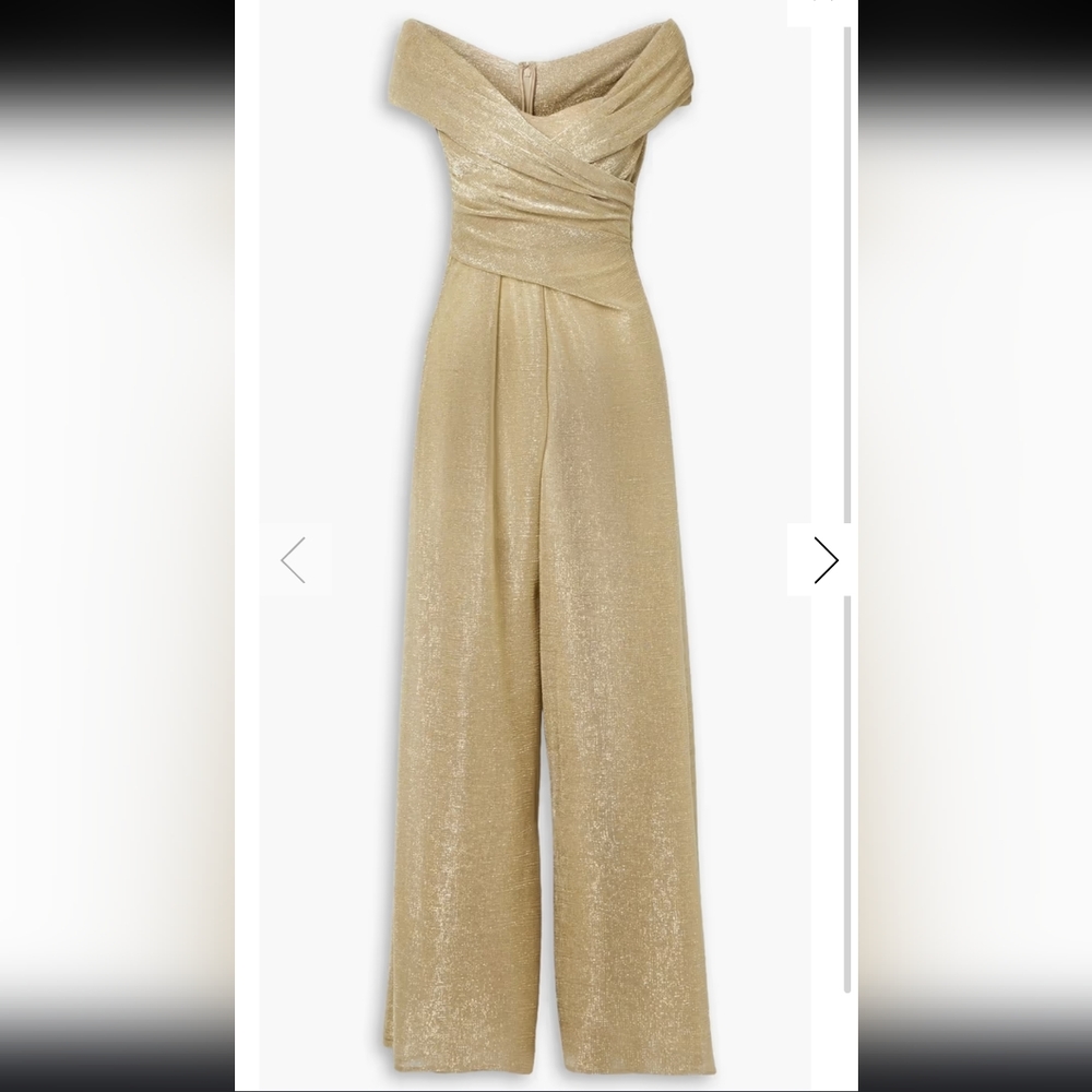 Talbot Runhof Off-The-Shoulder Gathered Metallic Voile Wide-Leg Jumpsuit… - Picture 9 of 16